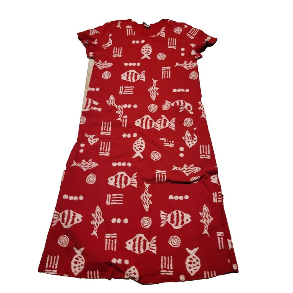 Donna Dress Womens XL Red Painted Fish Maxi Crew Neck Patch Pocket Short‎ Sleeve